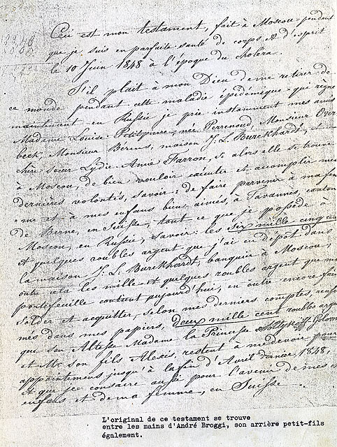 Reproduction du testament de Daniel-Henri Farron, fait à Moscou, le 10 juin 1848 [Partie 1]