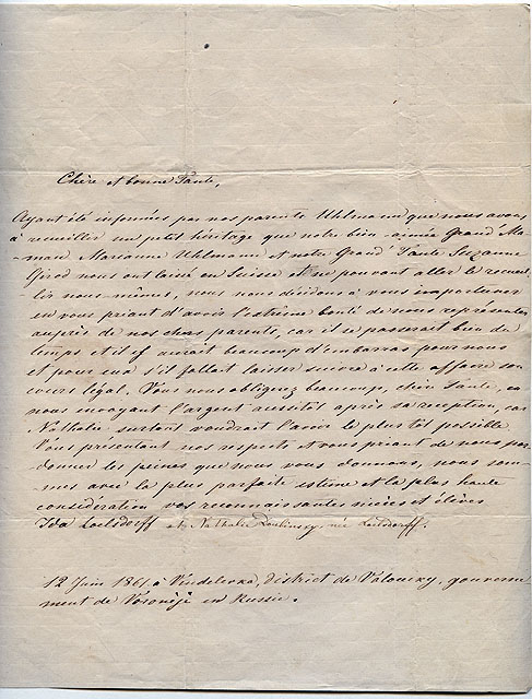 Lettre d'Ida et de Nathalie Loelsdorff, en Russie, Gouvernement de Voronège, adressée en 1861 à leur tante Lidie-Amie Farron à Tavannes