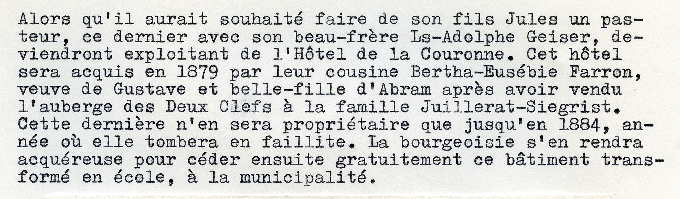 Notes dactylographiées concernant l'Hôtel de La Couronne à Tavannes