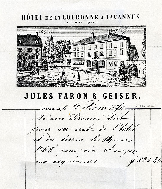 Hôtel de la Couronne à Tavannes tenu par Jules Faron & Geiser