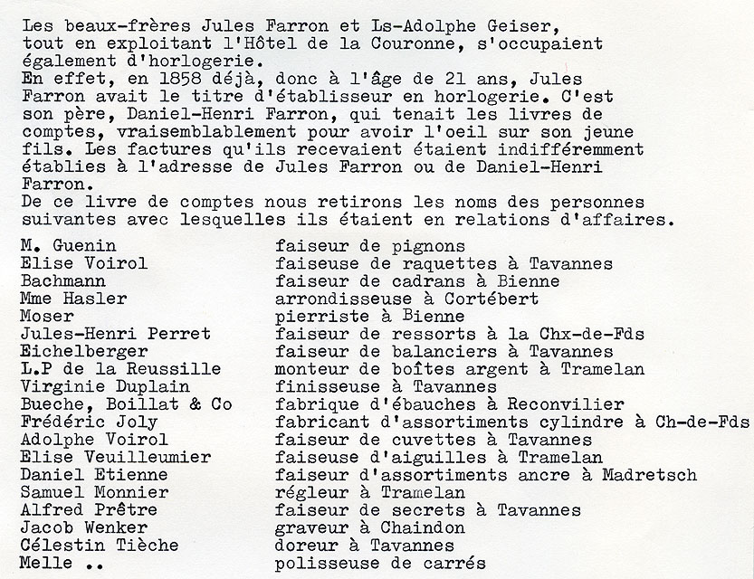 Notes dactylographiées concernant l'Hôtel de La Couronne à Tavannes
