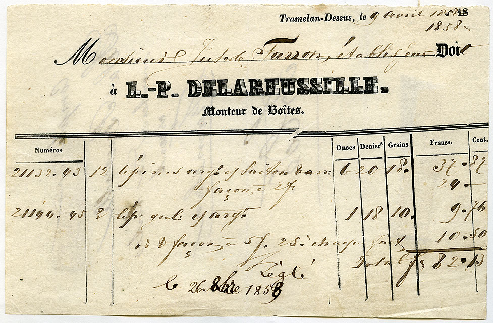 Entête de facture : Monsieur Jules Farron établi [...] à L.-P. Delareussille, monteur de boîtes