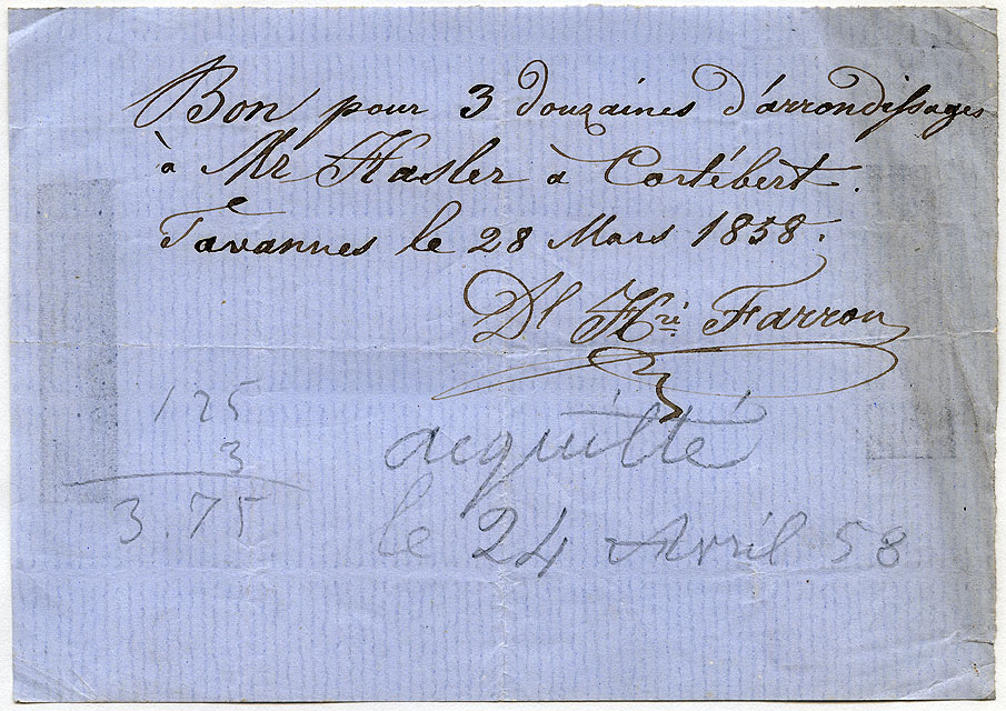 Bon pour 3 douzaines d'arrondissages à Mr Hasler à Cortébert, Tavannes le 28 mars 1858