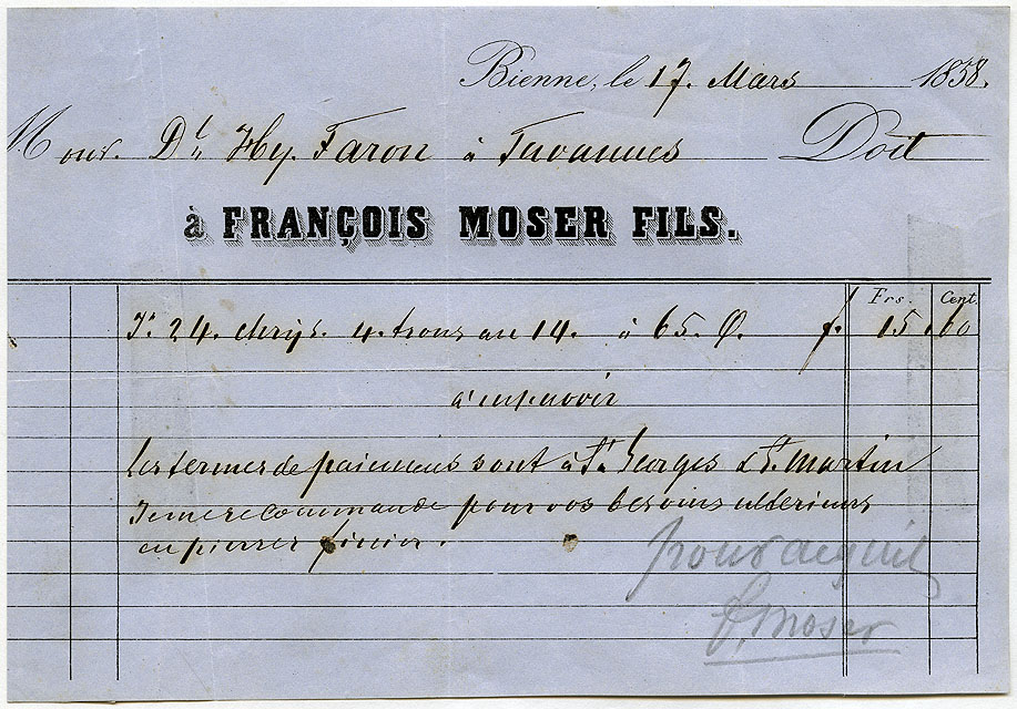 Monsieur Daniel-Henry Faron à Tavannes doit à François Moser Fils [...]