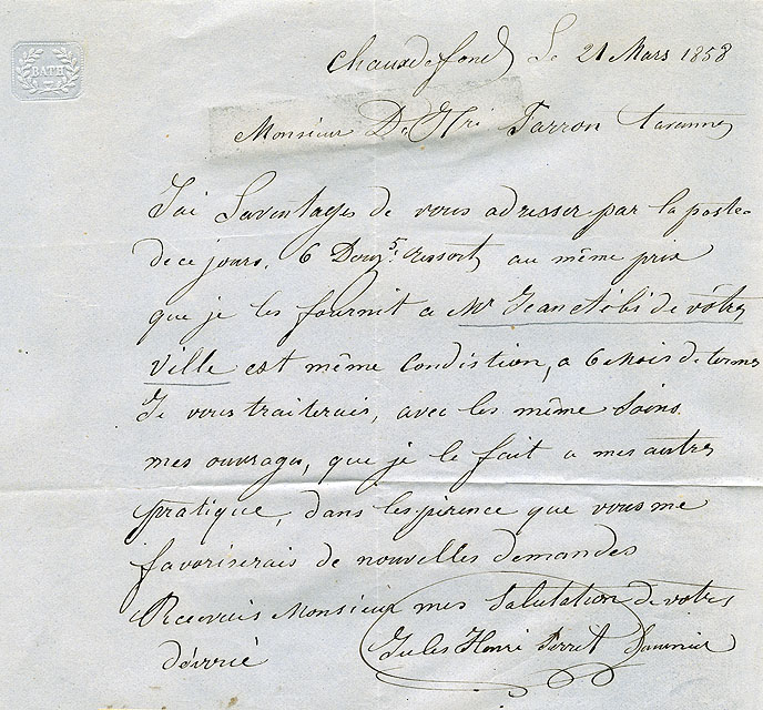 Note manuscrite datée du 21 mars 1858 et signée par Jules Henri Perret