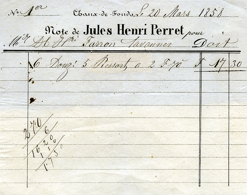 Note de Jules Henri Perret pour Mr Daniel-Henri Farron, Tavannes