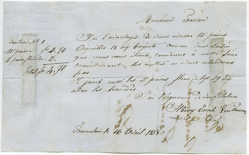 Facture de l'entreprise Émile Vuilleumier à Tramelan adressée à M. Farron