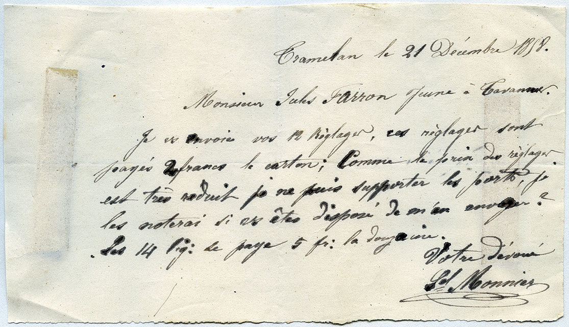 Note manuscrite : Monsieur Jules Farron jeune à Tavannes [...]