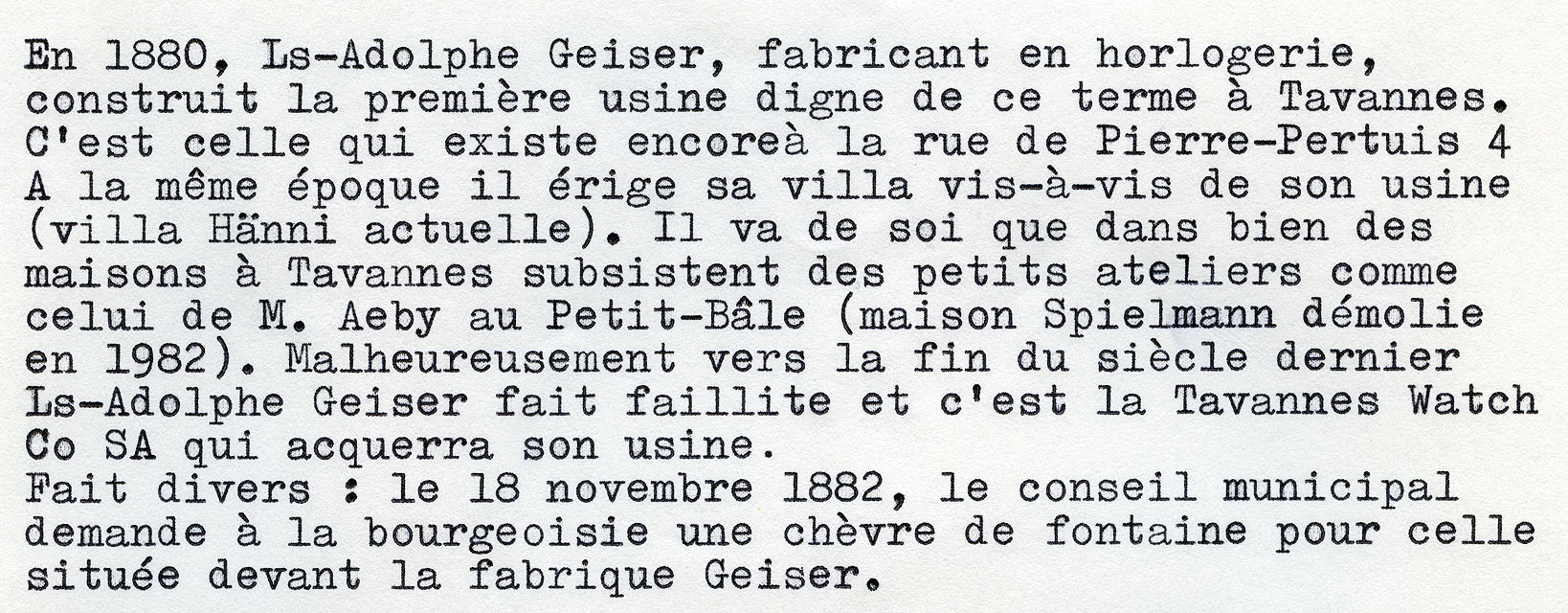 Notes dactylographiées concernant la fabrique Geiser à Tavannes