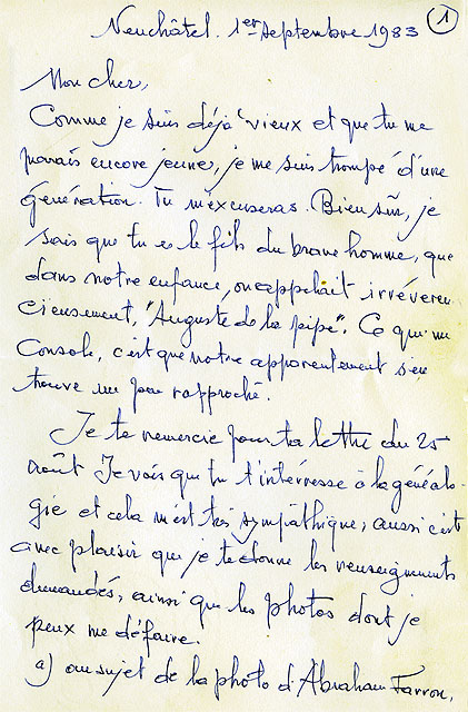 Lettre manuscrite datée du 1er septembre 1983 [Partie 1]